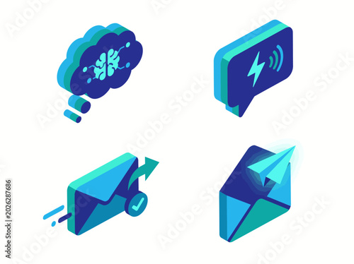 Bild auf Leinwand This sleek image presents various isometric tech icons including a thought cloud, sound wave, and progress arrow, emphasizing modern communication and technological prowess