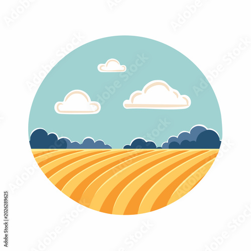 Stylized illustration of a golden field under a cloudy sky