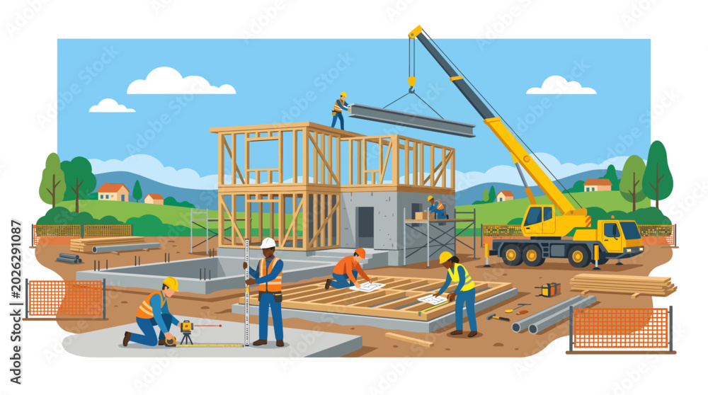 Fototapeta premium Team of construction workers actively building a new house, illustrating the entire process from laying the foundation to framing and material lifting.