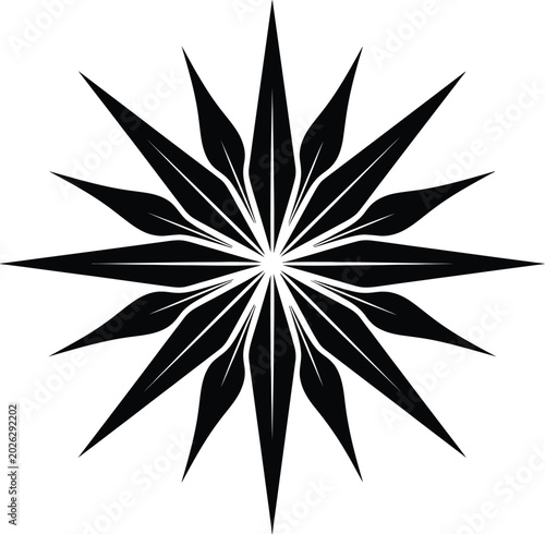 Bold black vector icon featuring a 16-point geometric star or compass rose with sharp angular rays and perfect radial symmetry. Striking minimalist design represents direction, guidance, excellence, l