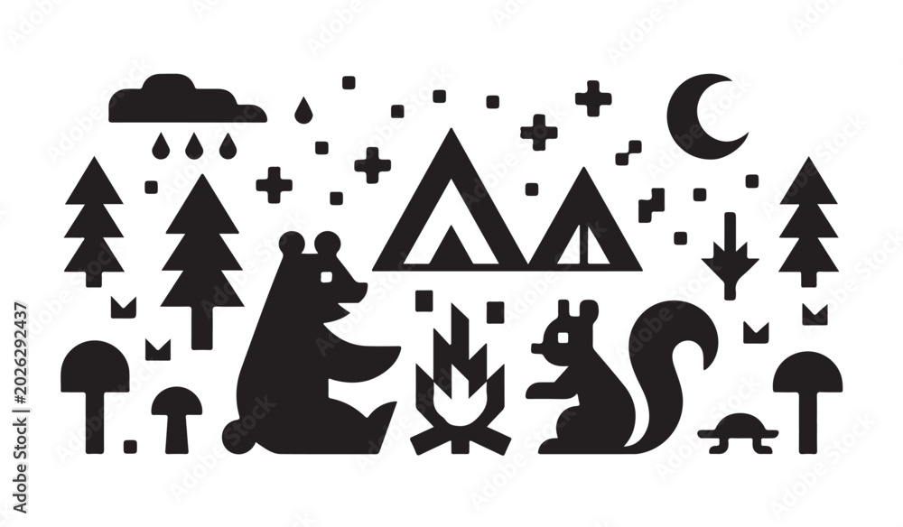 Naklejka premium Camping scene with bear and squirrel woodland animals and tent forest icons black silhouette.