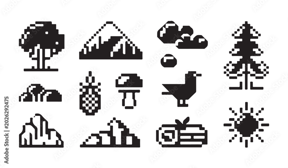 Naklejka premium Pixel art nature icon set including trees mountains clouds and sun for game design projects.