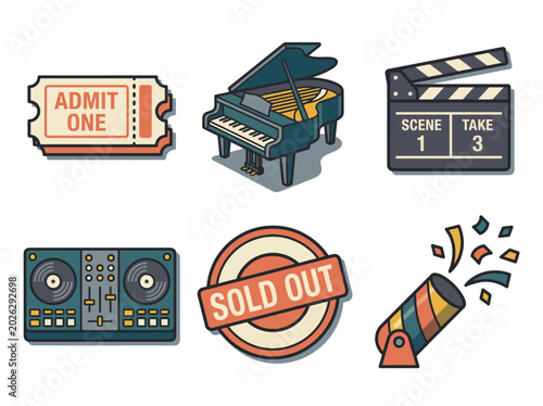 This creative design showcases elements from music, film, and events, like a piano, tickets, and a sold-out sign, highlighting the joy and excitement of artistic entertainment.