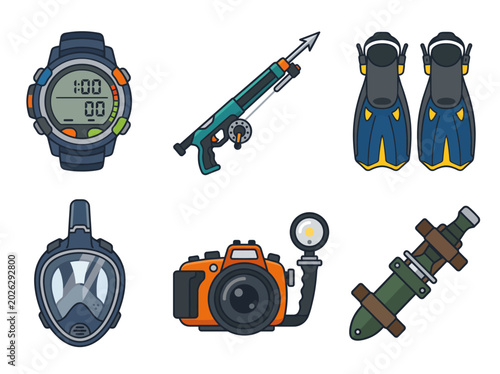 Tableau sur toile A collection of essential underwater gear including a digital watch, spear gun, fins, mask, camera, and a regulator, perfect for avid diving enthusiasts ready to explore