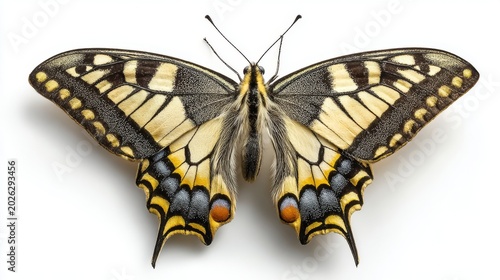Majestic papilio machaon butterfly isolated on white background with vibrant yellow and black patterned wings, detailed tropical insect macro close up, elegant natural symmetry and exotic wildlife bea