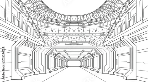 Bild auf Leinwand Futuristic science fiction corridor with arched ceiling line art.