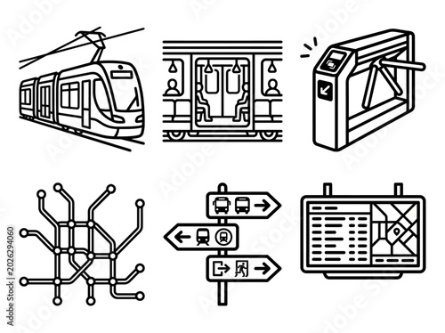 Schilderij op canvas This conceptual image illustrates essential components of public transport systems, including trains, doors, fare gates, route maps, and directional signage for commuters