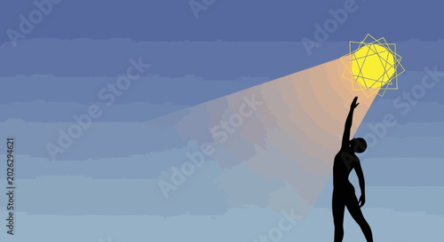 Silhouette Reaching for a Glowing Sun or Light Source Vector Design