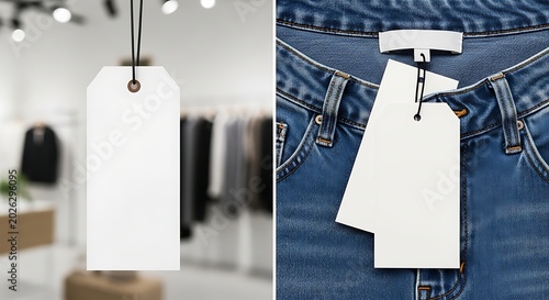 Blank white rectangular clothing hang tag mockup, price label attached to blue denim jeans, retail shopping store atmosphere