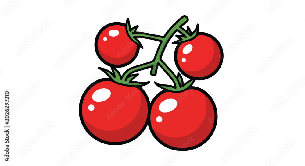 Obraz premium Fresh Bunch of Red Cherry Tomatoes on Green Vine Illustration Isolated on White Background