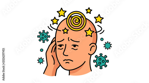 Dizzy Man Feeling Unwell with Headache and Virus Symptoms Vector