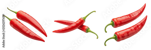 Tablou pe pânză Set and collection of two fresh raw red chili peppers isolated on white transpar