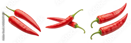 Obraz  z motywem Set and collection of two fresh raw red chili peppers isolated on white transparent png background