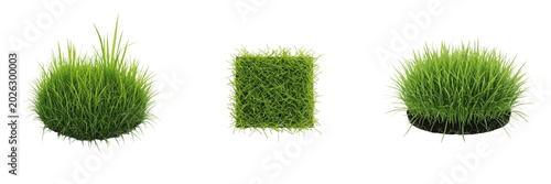 Photos Set and collection of square patch of fresh green grass turf isolated on white t