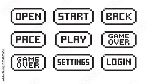 Set of pixel art game buttons in black and white with text open, start, back, pace, play.