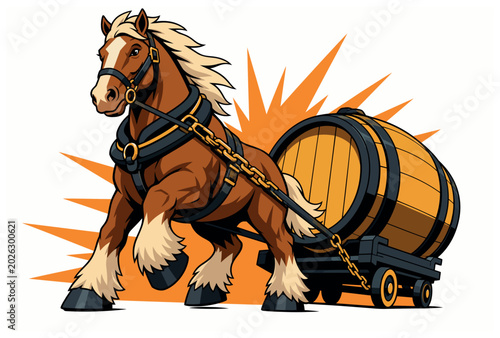 Brown Horse Pulling Wooden Barrel.