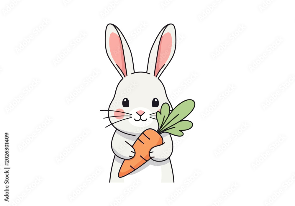 Obraz premium Cute white rabbit holding a fresh orange carrot illustration.