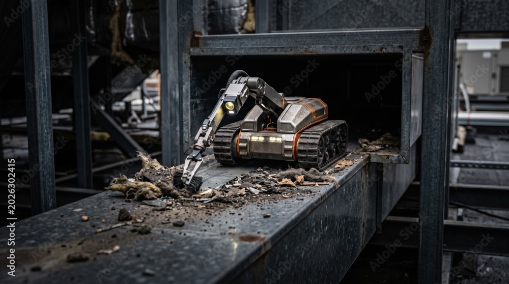 Fototapeta premium Focused medium shot of a small automated crawler inspecting debris in a rooftopfed duct system highlighting the robots tools amidst indistinct duct framing.