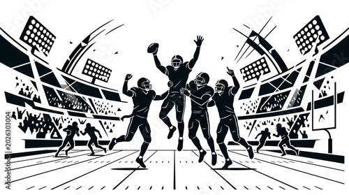 Tableau sur toile Group of American football players celebrating a touchdown on the field