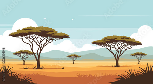 African Savannah Landscape with Acacia Trees and Mountains