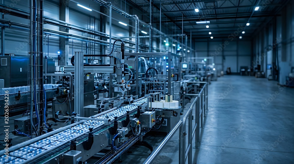 Obraz premium Automated production line for vaccine packaging in a modern facility
