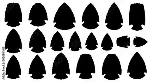 Schilderij op canvas Ancient Arrowheads Collection - Primitive Stone Weapon Silhouettes