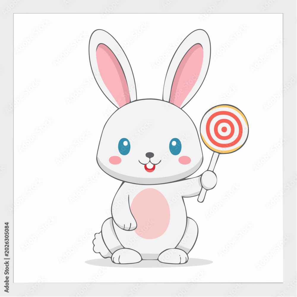 Obraz premium Cute cartoon rabbit holding a lollipop