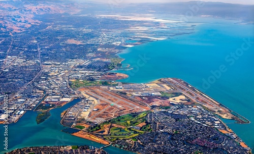 Aerial view of Oakland International Airport in the San Francisco Bay Area, California, United States
