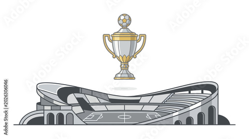 Photos Illustration of a championship trophy hovering over a modern football stadium