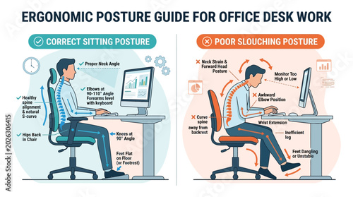 Ergonomic posture guide for office desk work, correct sitting posture versus poor slouching posture infographic, healthy spine alignment vector