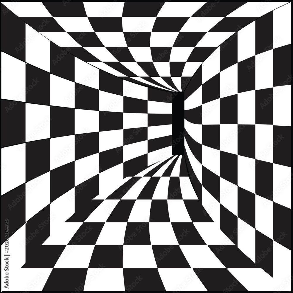 Obraz premium 3D checkered optical illusion tunnel background, black and white checkered perspective vector pattern