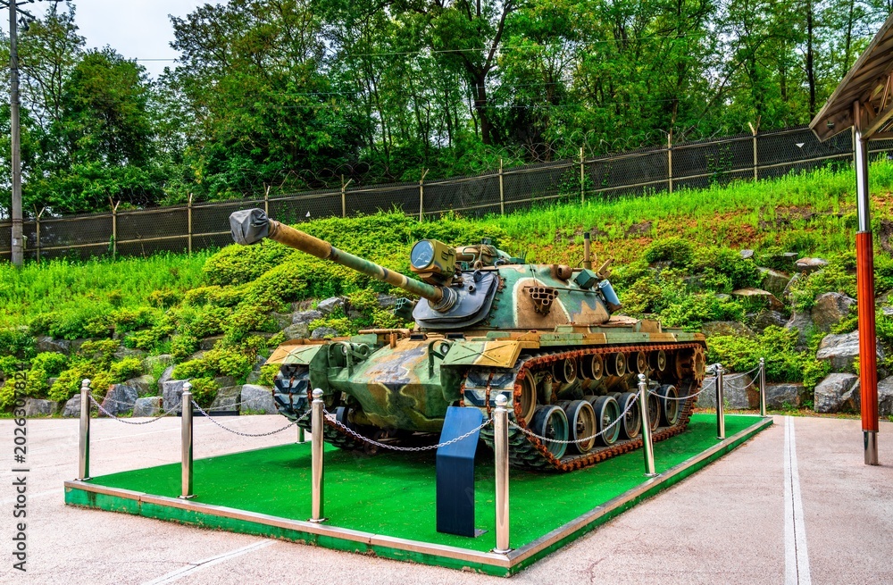 Fototapeta premium Old American tank on display near Third Infiltration Tunnel in Korean Demilitarized Zone - DMZ, South Korea