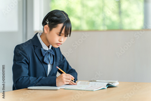 Foto Middle school and high school girls studying (homework, exam preparation, learni