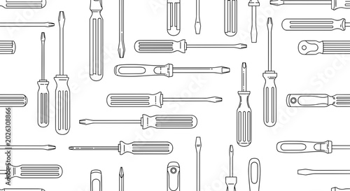 Seamless Pattern of Various Screwdrivers in Outline Style on White Background
