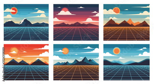 Retro Pixel Art Landscapes with Mountains Water and Grid Horizon