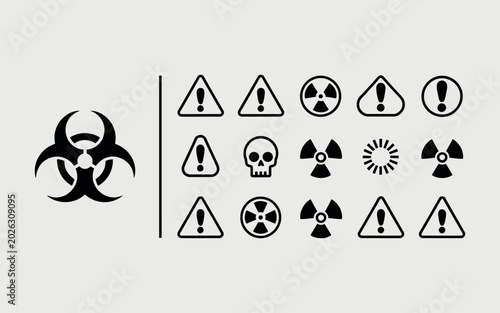 hazard danger web icons in line style, risk warning symbols collection featuring toxic explosive flammable radioactive biohazard and electrical safety signs. vector illustration.