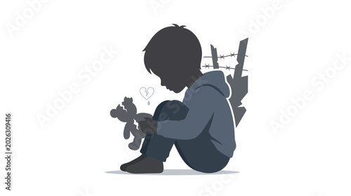 Bild auf Leinwand Silhouette of a sad child holding a teddy bear.