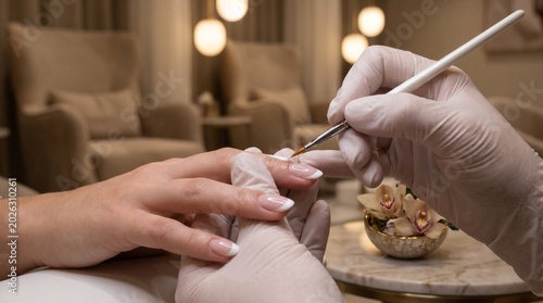 Photos Professional manicurist with gloves applying white polish to a client's fingernail