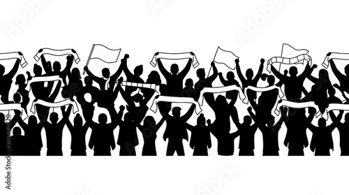 Seamless silhouette of a cheering sports crowd holding scarves and flags.