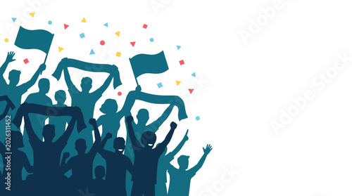 Silhouette of a cheerful crowd of sports fans cheering with flags and scarves.