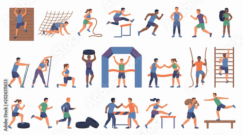 Set of 30 flat vector icons featuring various obstacles like hurdles, barriers, road cones, walls, and pits. Collection of different challenge and hindrance symbols.