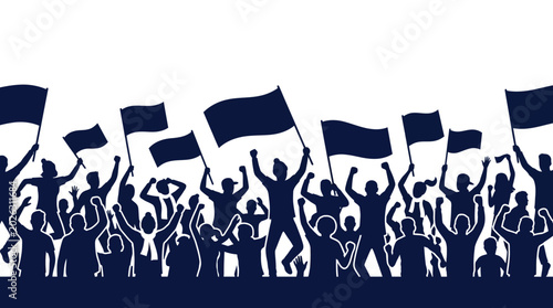 Bilde på lerret Silhouettes of cheering crowd with flags at a protest or celebration