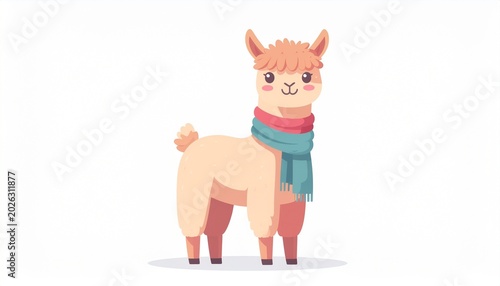 A cute llama wearing a scarf stands on a plain surface looking happy.
