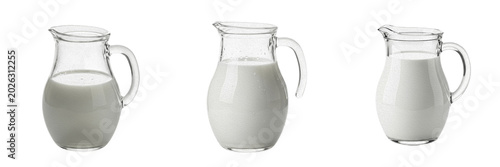Obraz na plátně Set and collection of clear glass jug of fresh milk isolated on white background