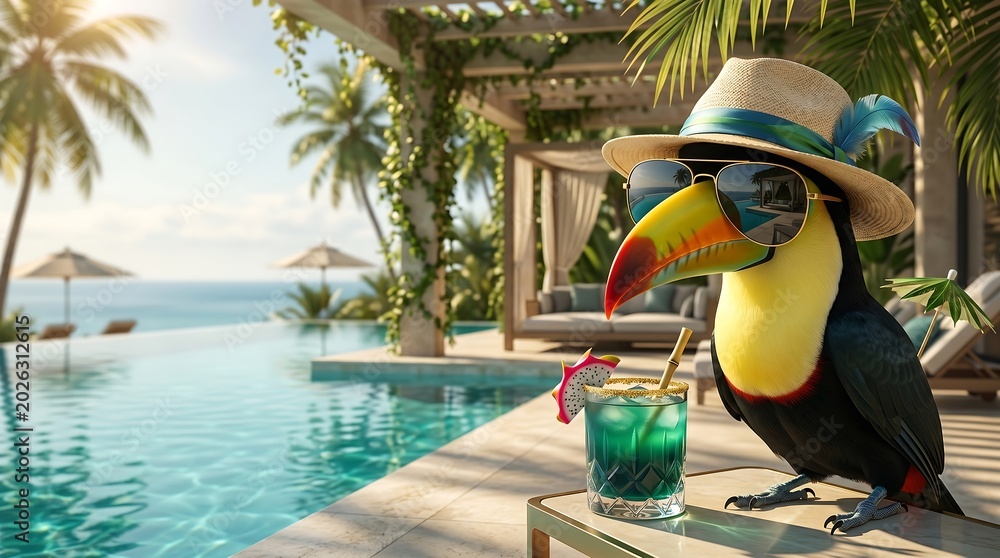 Fototapeta premium Toucan bird in sunglasses relaxing by luxury infinity pool