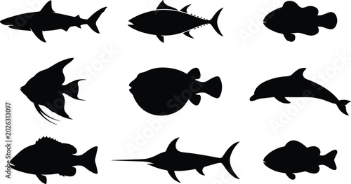 Φωτογραφία Marine animal silhouette collection with shark dolphin tuna and tropical fish is