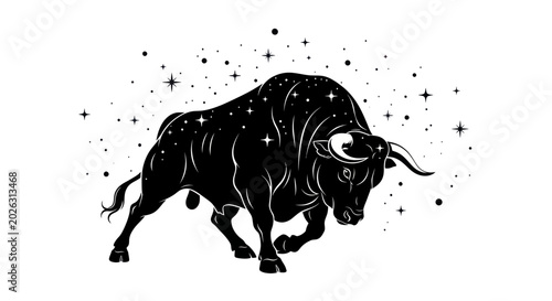Картината върху платно Celestial Bull Silhouette with Stars and Sparkles - Zodiac Taurus Symbol