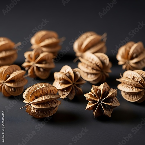 Golden botanical pods arranged on a dark surface