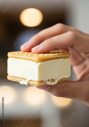 Hand holding a square ice cream sandwich with soft focus background