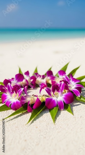 Hawaiian lei on white sand beach with turquoise ocean